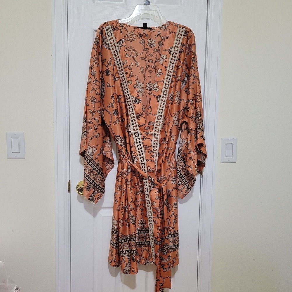 Baker Orange Floral Paisley Kimono Robe Crochet Trim XL Boho